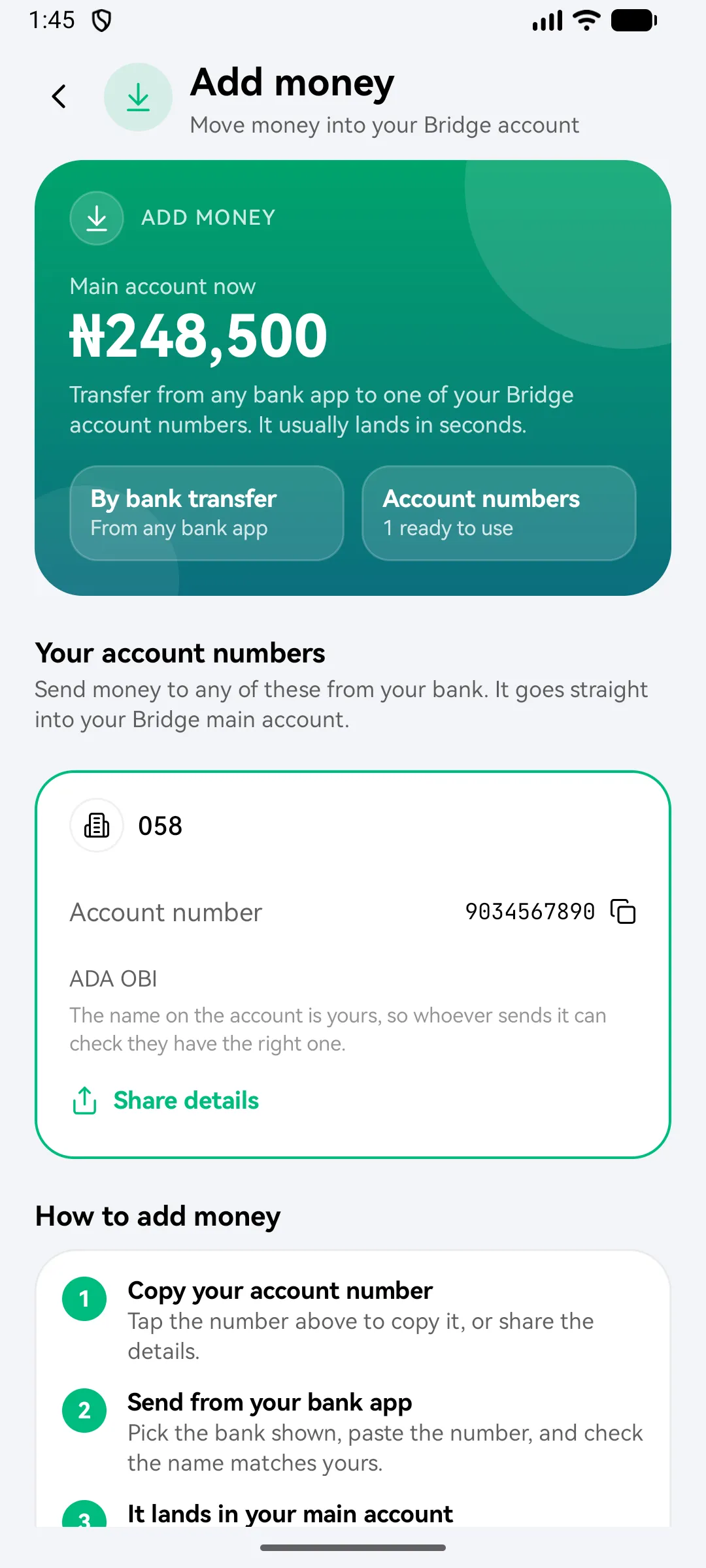 Add money: your own account number to transfer to from any bank app