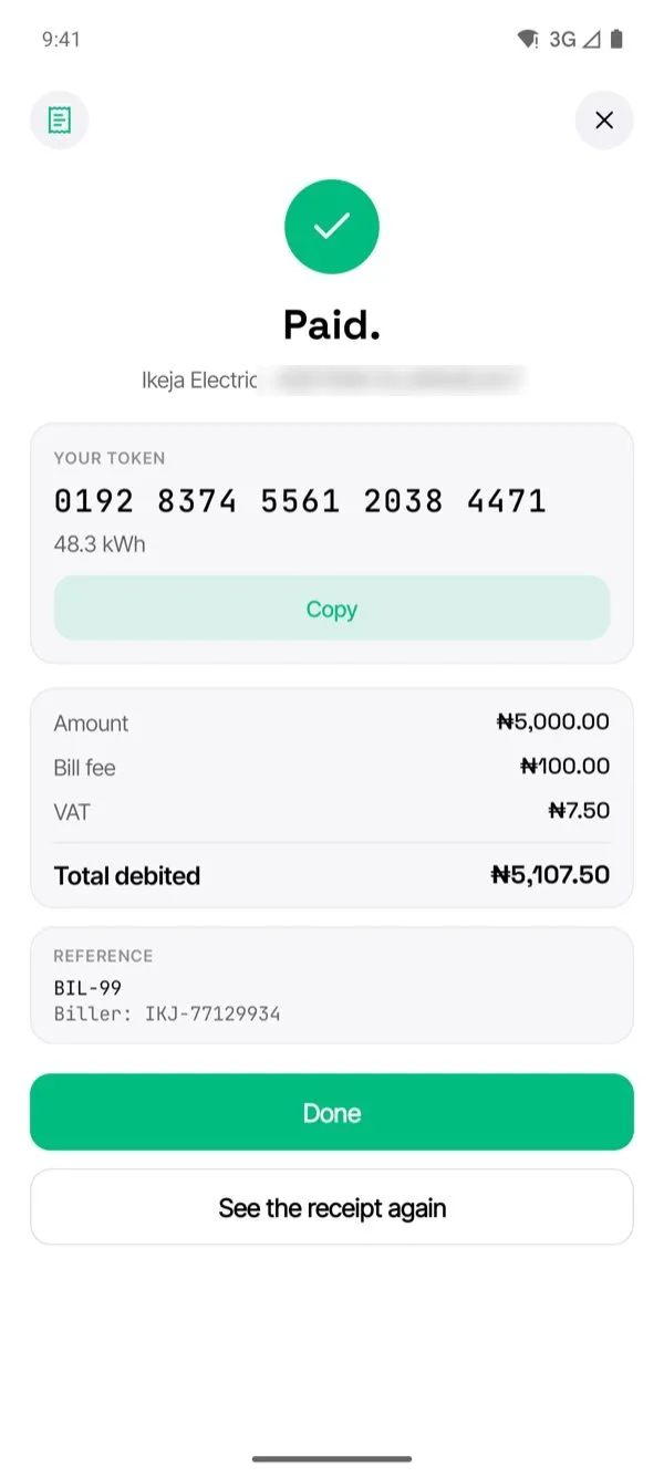 An electricity receipt with the token, the amount, the bill fee and VAT, and the total debited