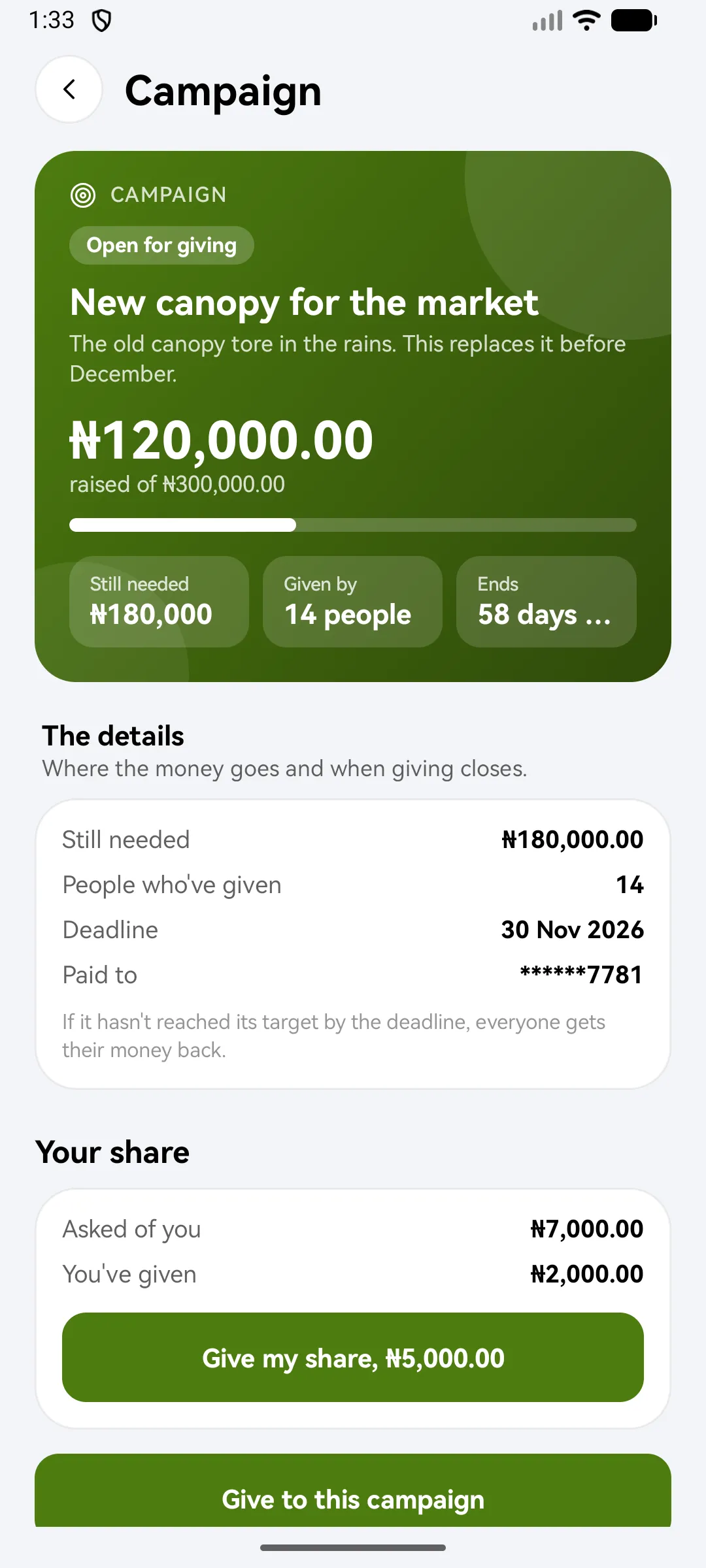 A campaign with a target, a deadline and members' shares