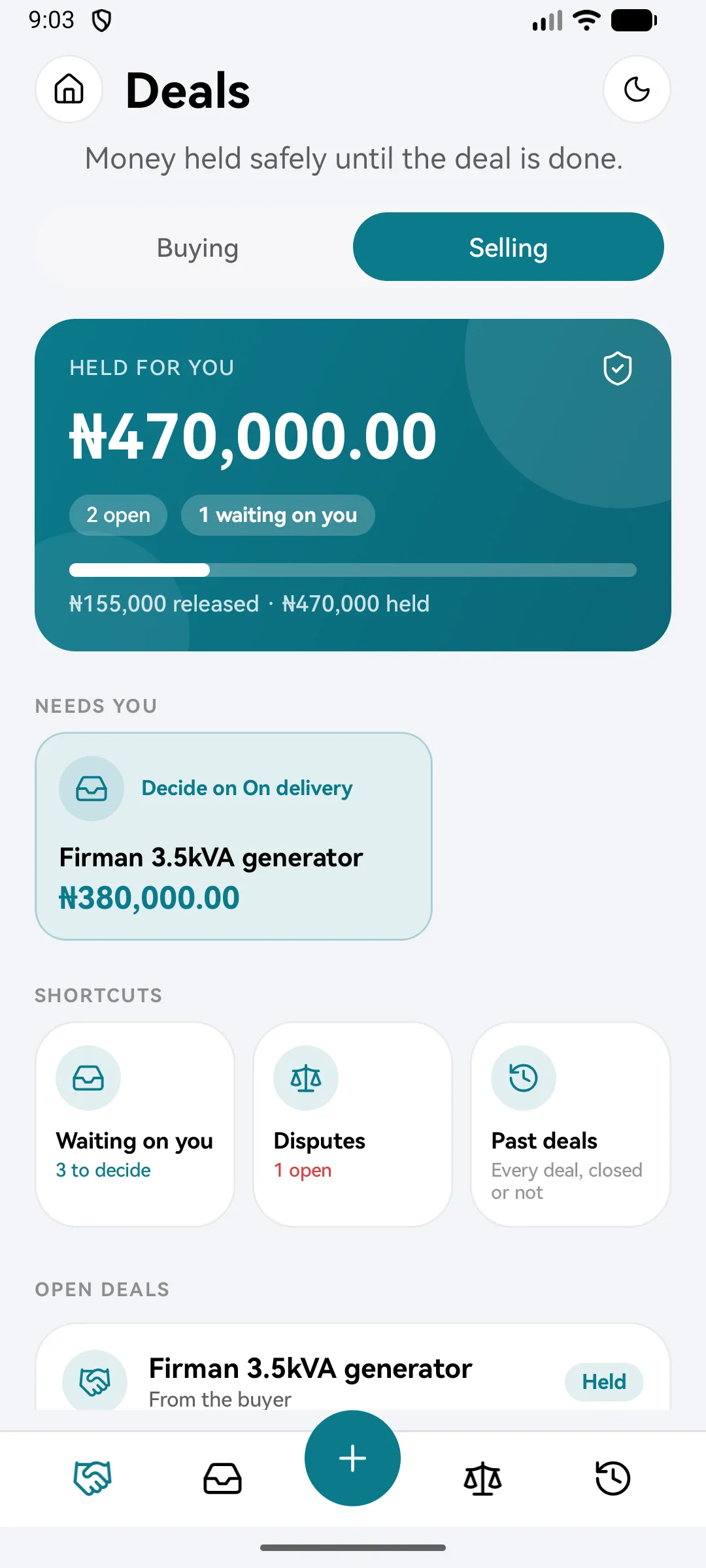 Deals you are selling, with money held for you