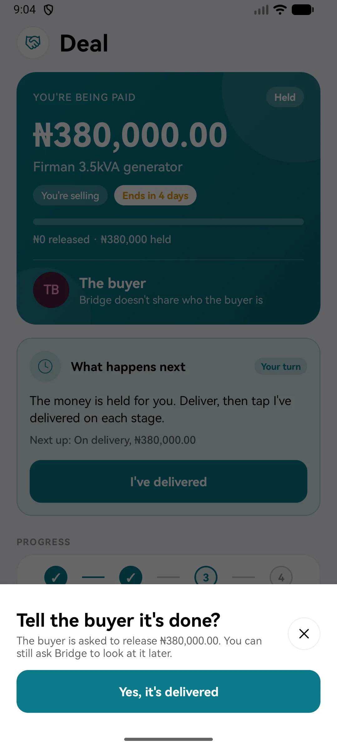 The seller has marked the deal delivered