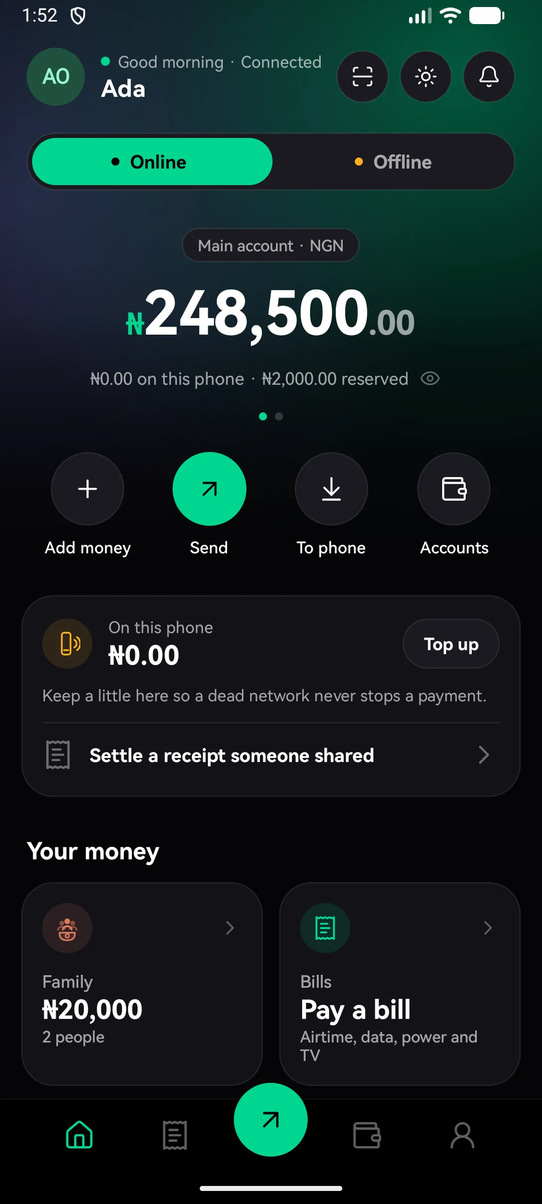 The Bridgemoni home screen in the dark theme
