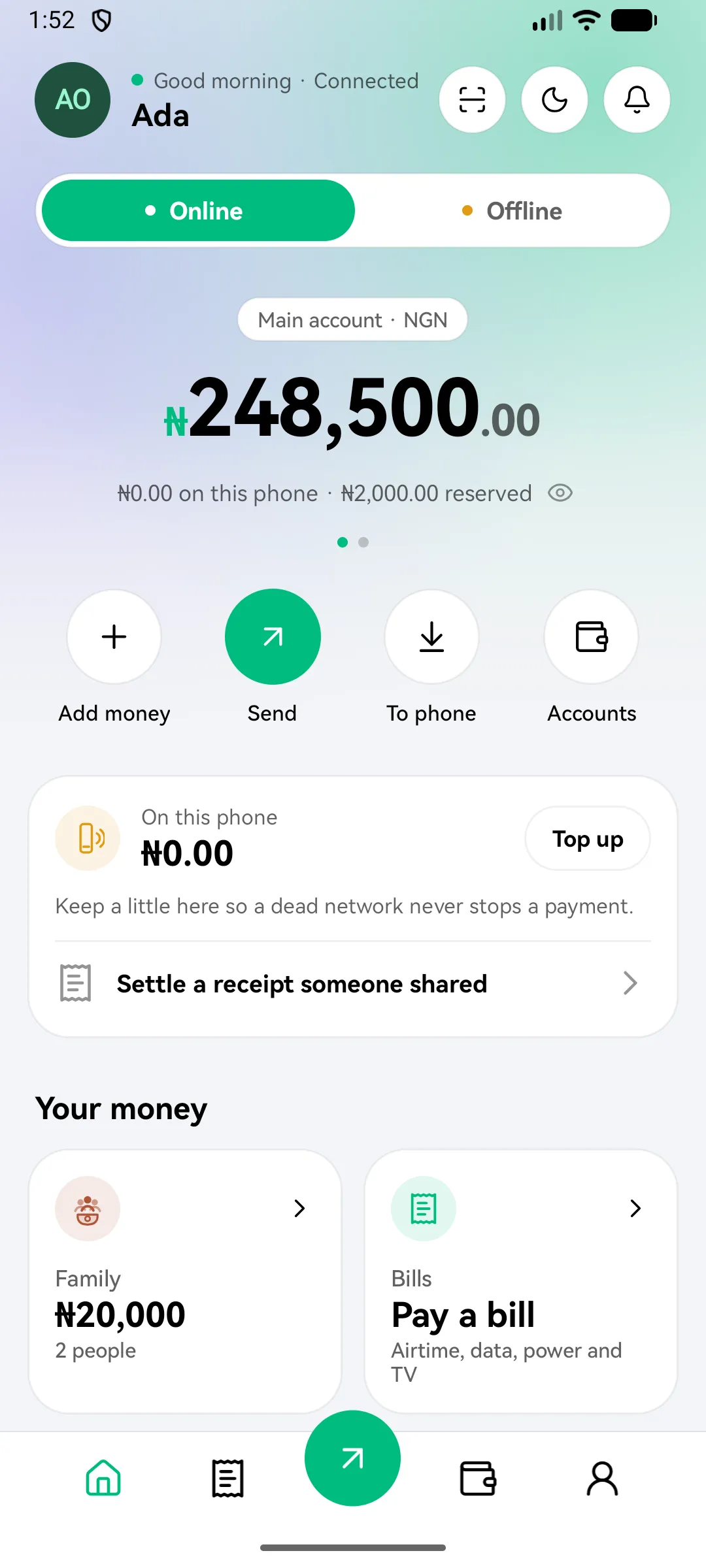 The Bridgemoni home screen in Online mode: a main account balance of ₦248,500.00 with Add money, Send, To phone and Accounts