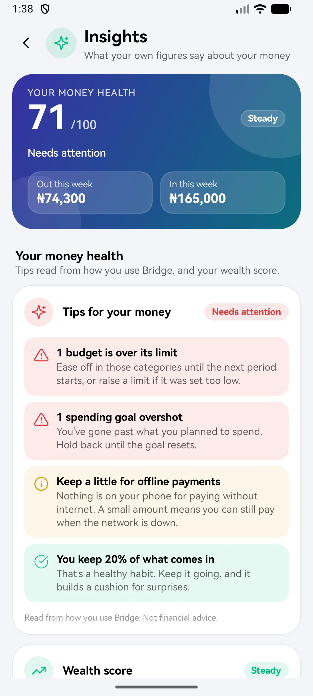 Insights: your money health 71 out of 100, steady, with plain tips