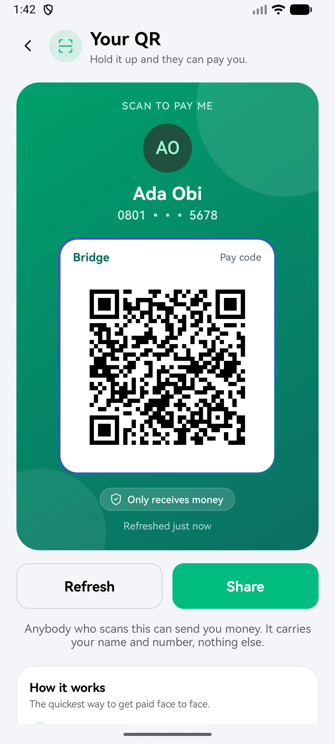 My QR code: it only receives money and shows your name and nothing else