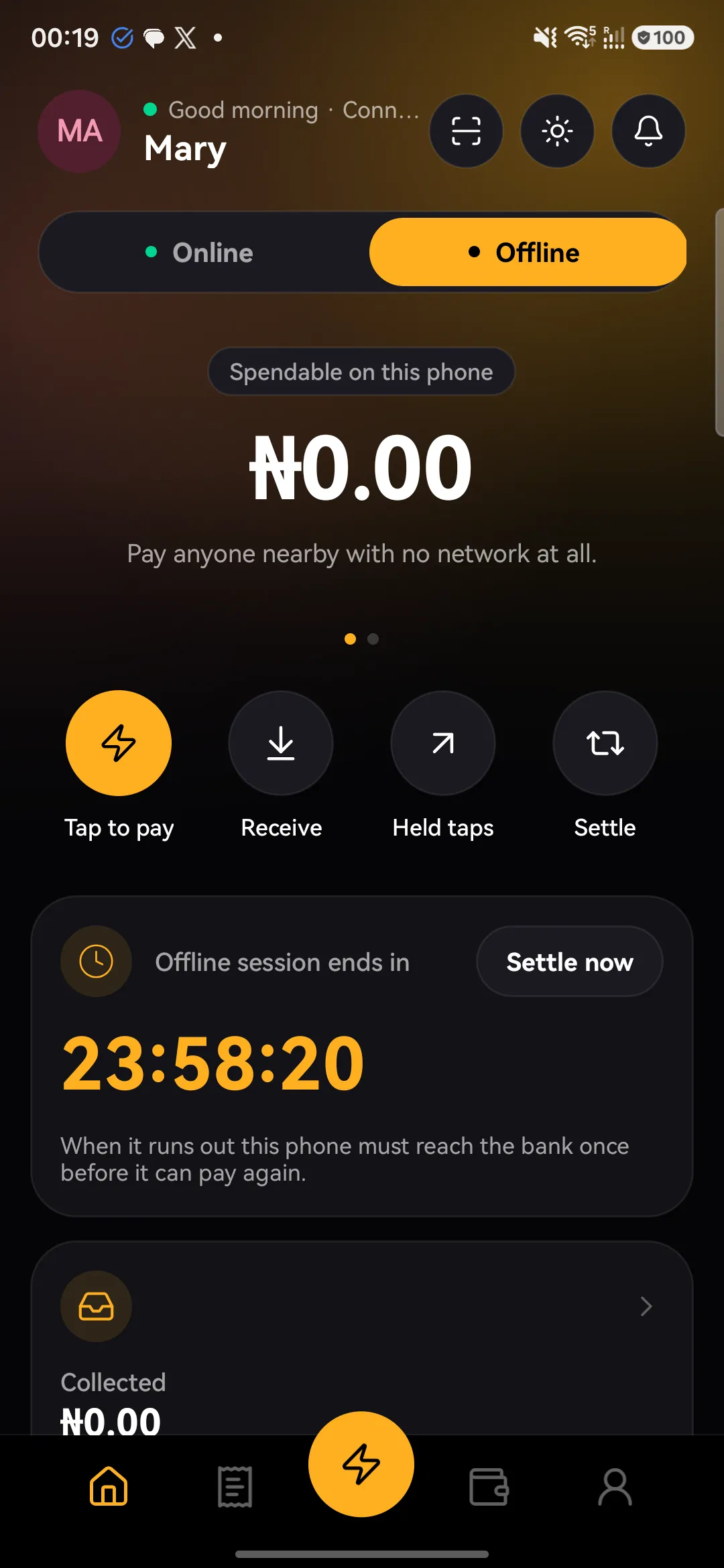 The offline dashboard: spendable on this phone, with Tap to pay, Receive, Held taps and Settle, and the offline session countdown