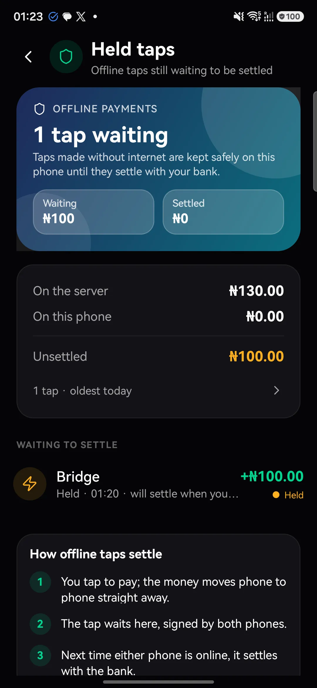 Held taps: payments made without internet, kept on this phone until they settle with the bank