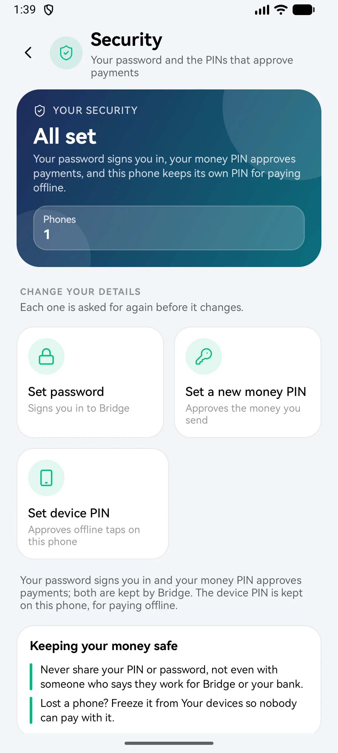 Security settings: password, money PIN and device PIN