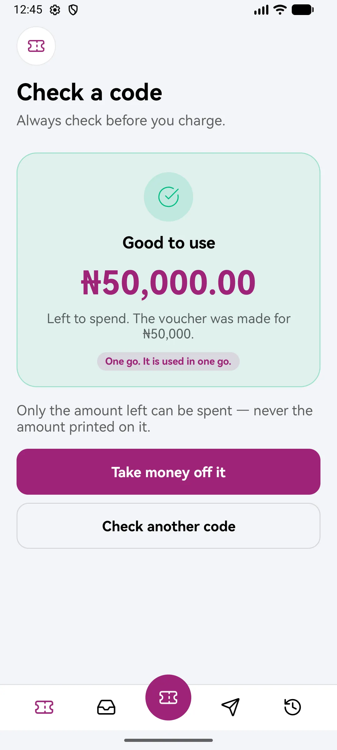 Checking a voucher code: the code is good, with the amount on it