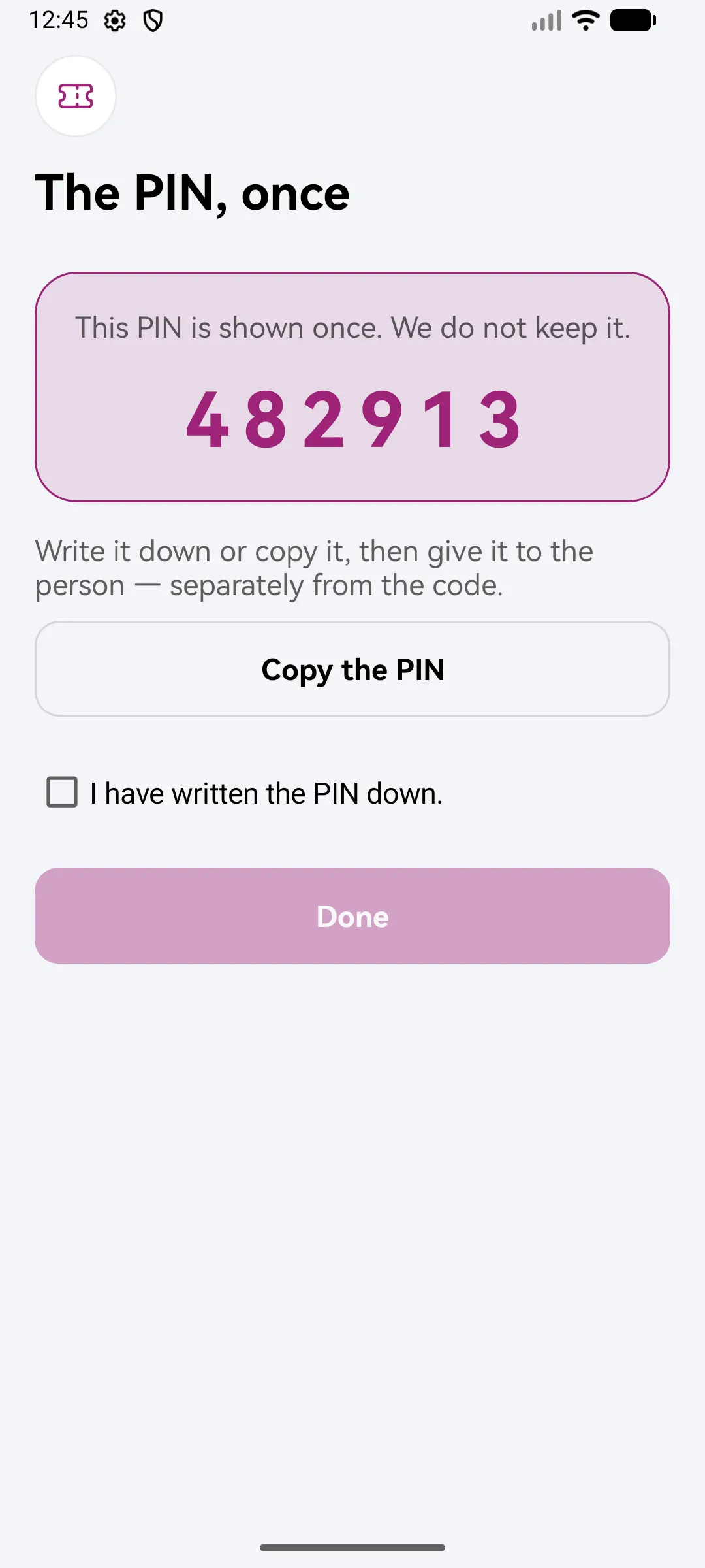 The voucher PIN, shown once: you will not see this PIN again